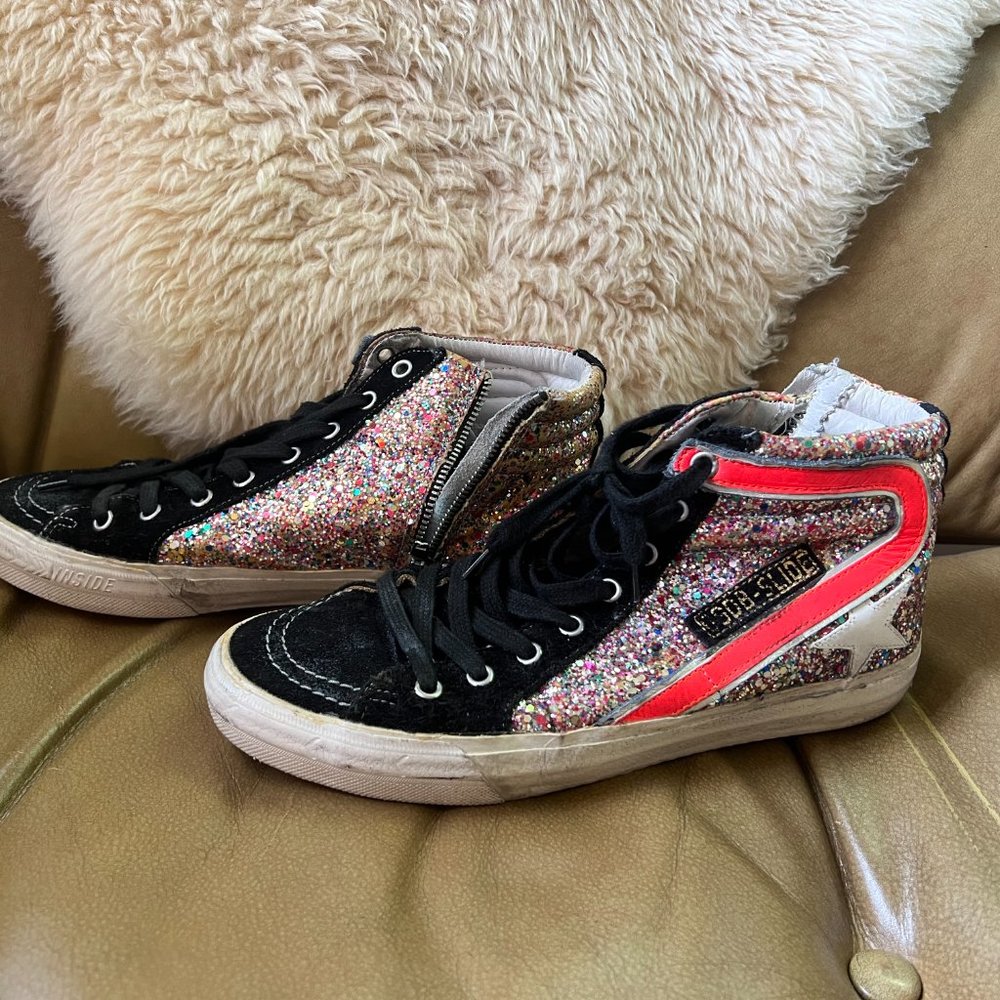 Golden Goose Confetti Glitter Neon with White Star  ~ Slide Sneaker ~ Size 38